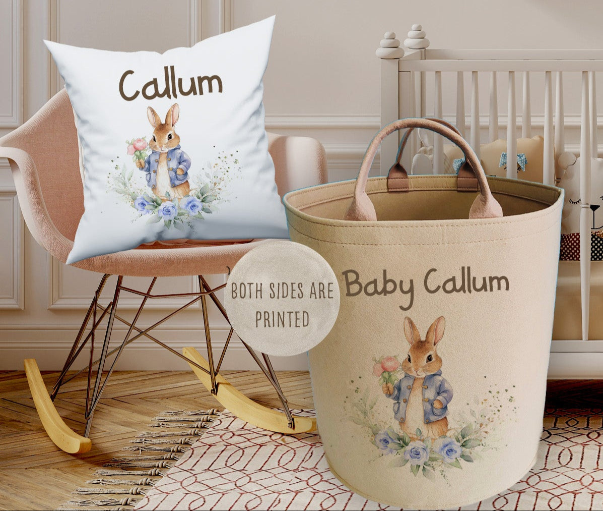 Personalised Kids Blue Bunny Design Large Toy basket Gift Set With Cushion
