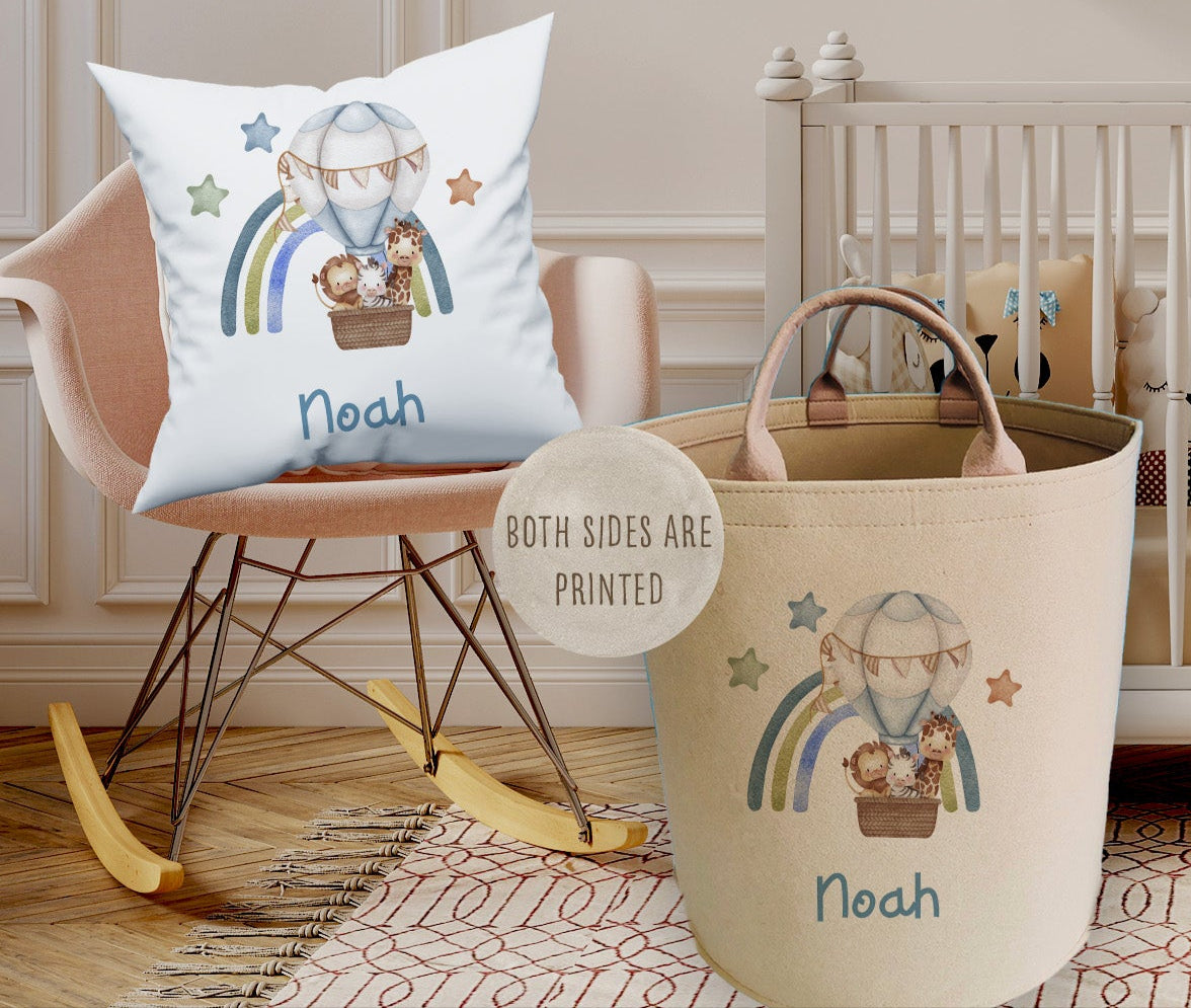 Personalised Kids safari Hot Air Balloon Design Large Toy basket Gift Set With Cushion