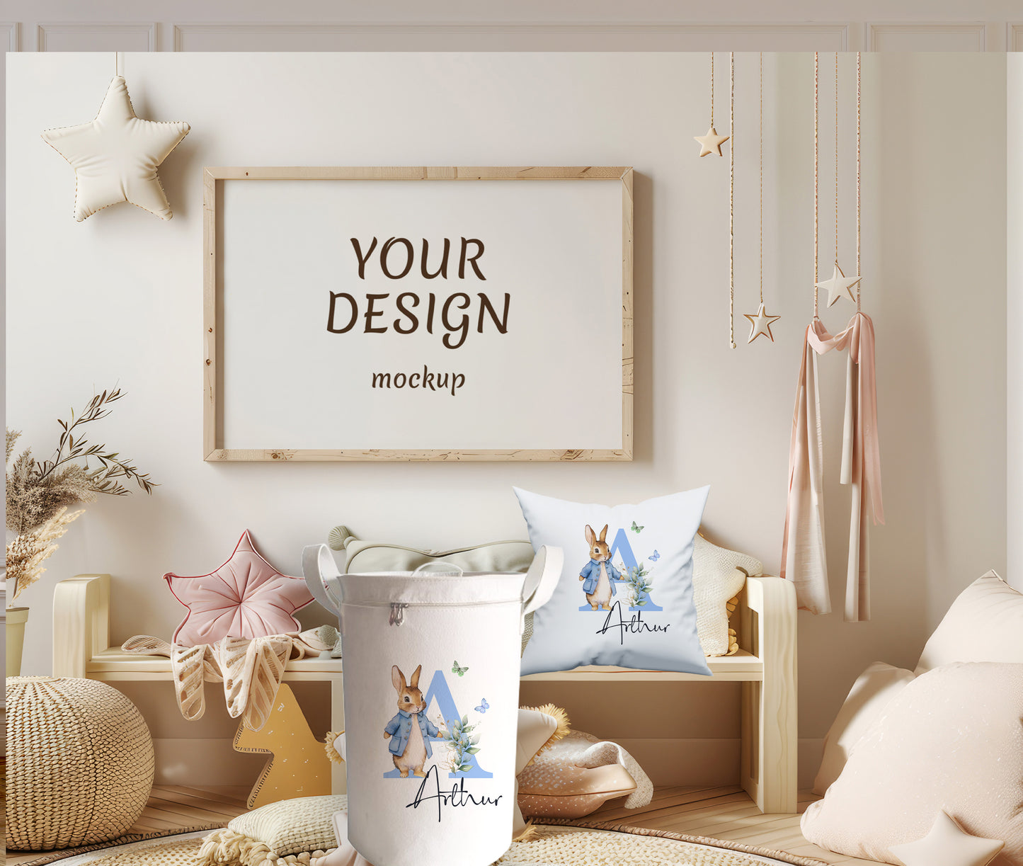 Personalised Blue Rabbit Initial Large Toy basket Gift Set With Cushion