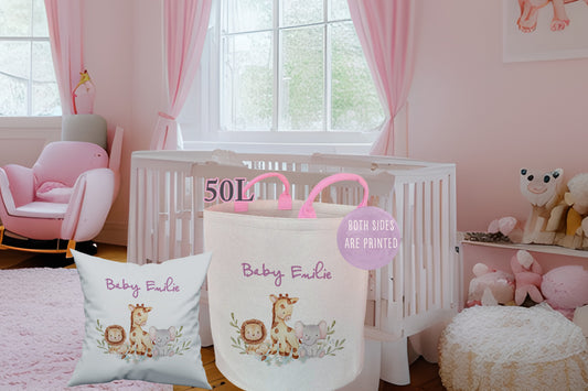 Personalised Pink Girls Safari Toy basket Gift Set With Cushion