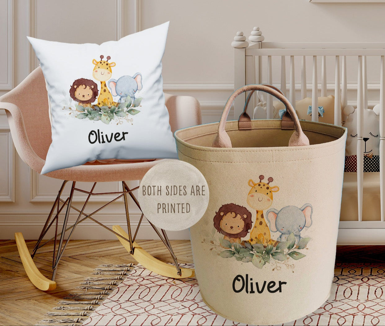 Personalised Safari Design Large Toy basket Gift Set With Cushion