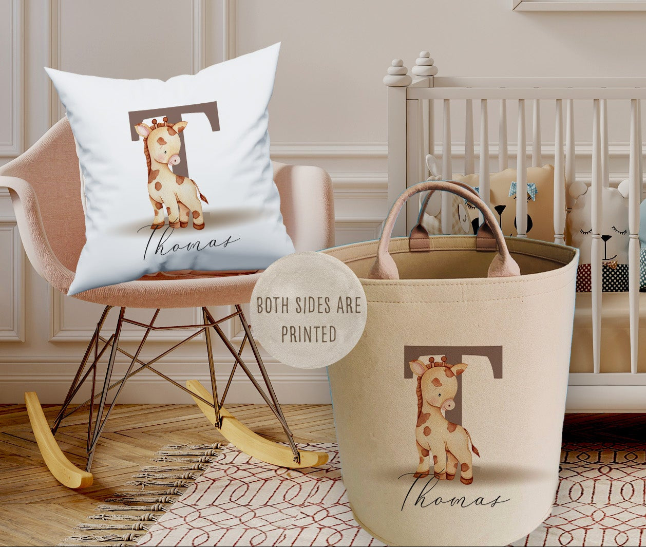 Personalised Kids Giraffe Design Large Toy basket Gift Set With Cushion