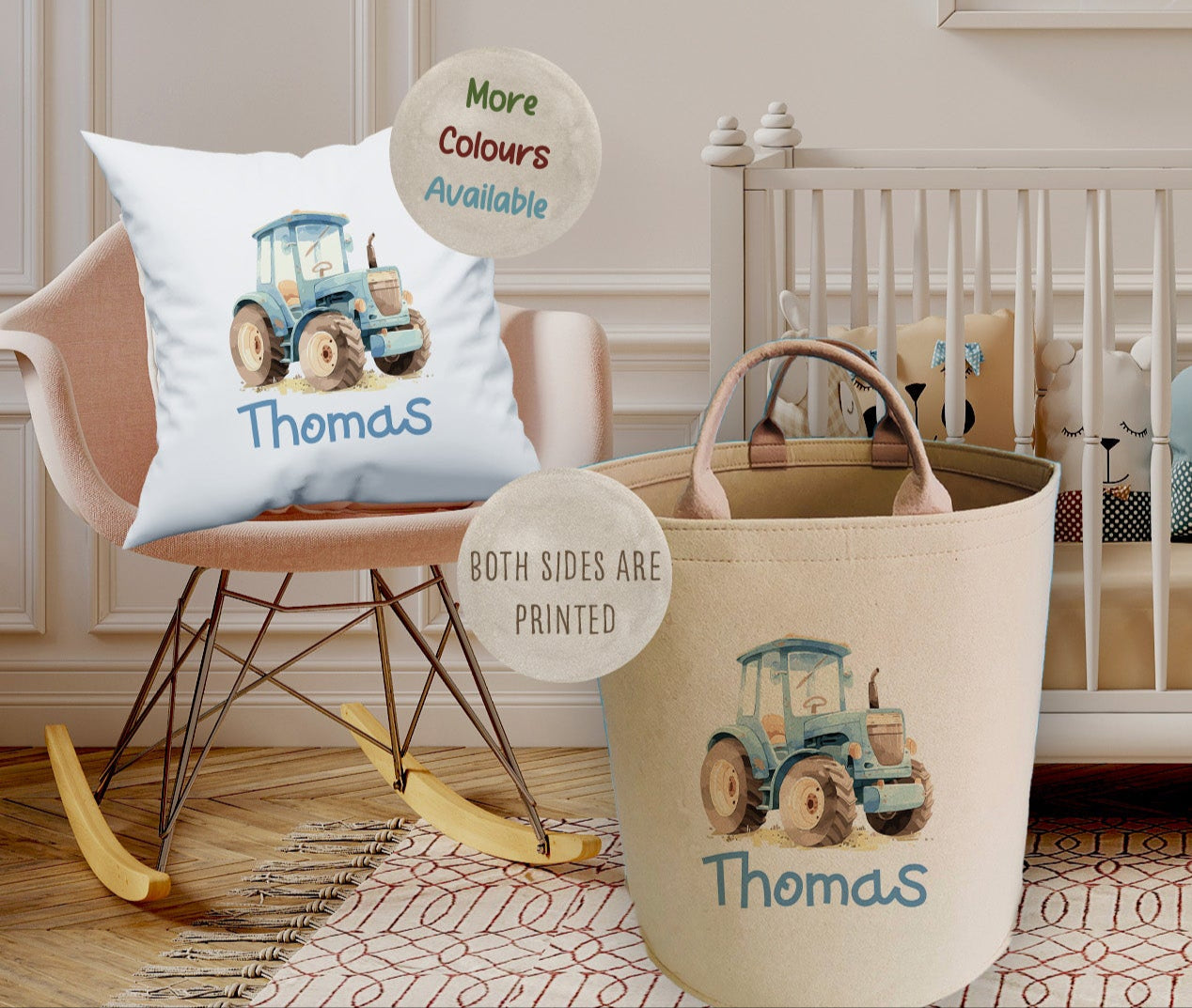 Personalised Tractor Design Large Toy basket Gift Set With Cushion