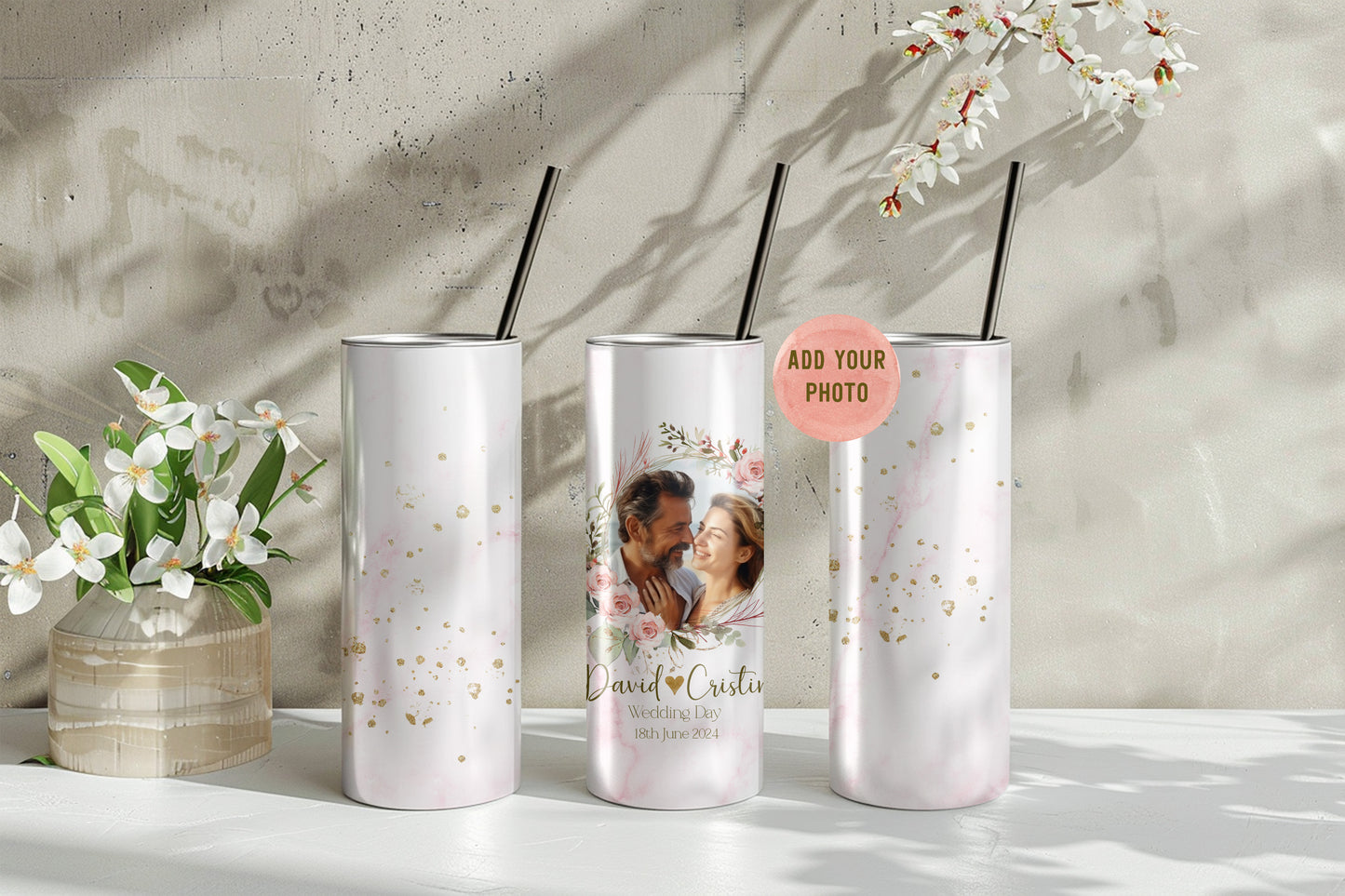 Own Photo Personalised Couple 20oz Skinny Tumbler