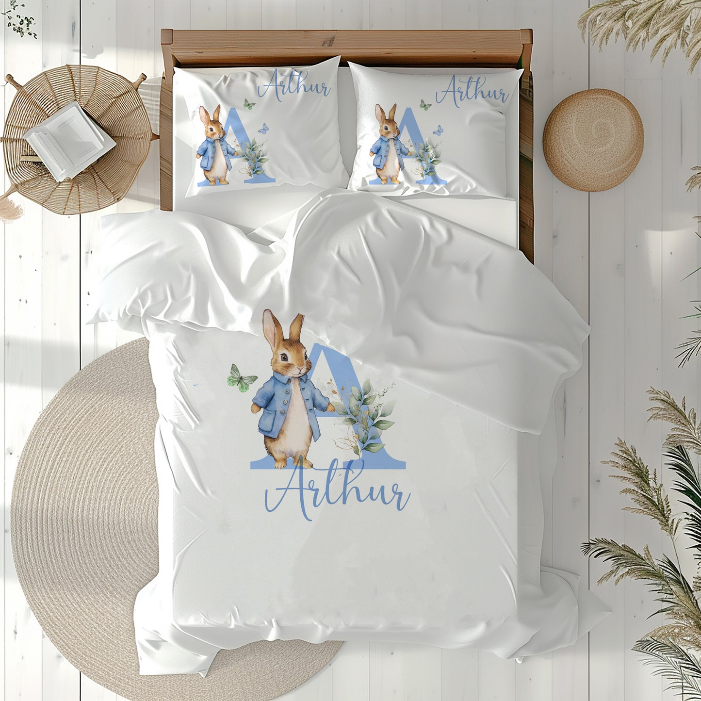 Blue Bunny Floral Letter - Personalised Duvet Cover Set