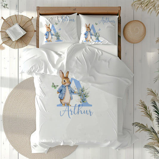 Blue Bunny Floral Letter - Personalised Duvet Cover Set
