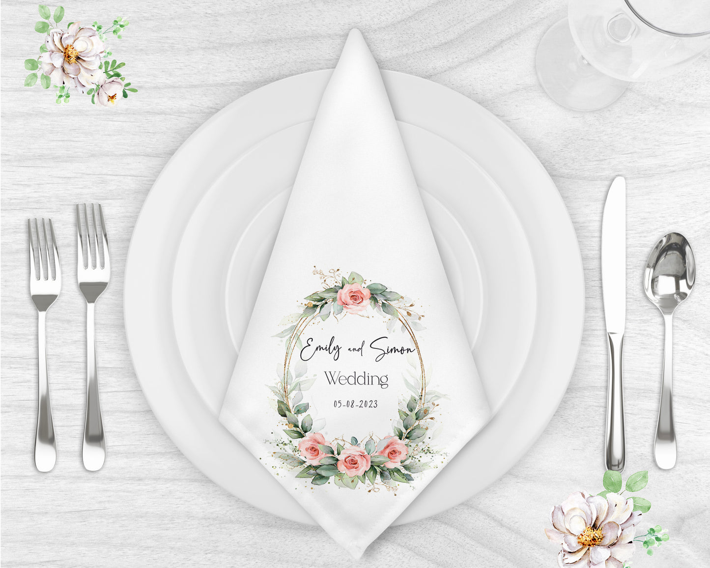 Customised Floral Wreath Mr and Mrs Elegant Wedding Napkin Set