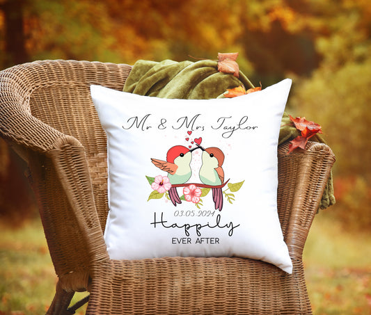 Personalised Birds Print Couple Wedding Floral Gift Cushion