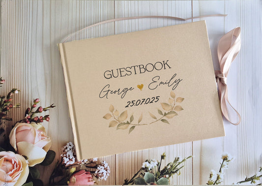 Wedding Couple Leaf Design Golden Beige Personalised Hardcover Guestbook