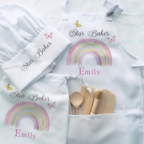 Pink Rainbow - Personalised Kids Apron Baking Set