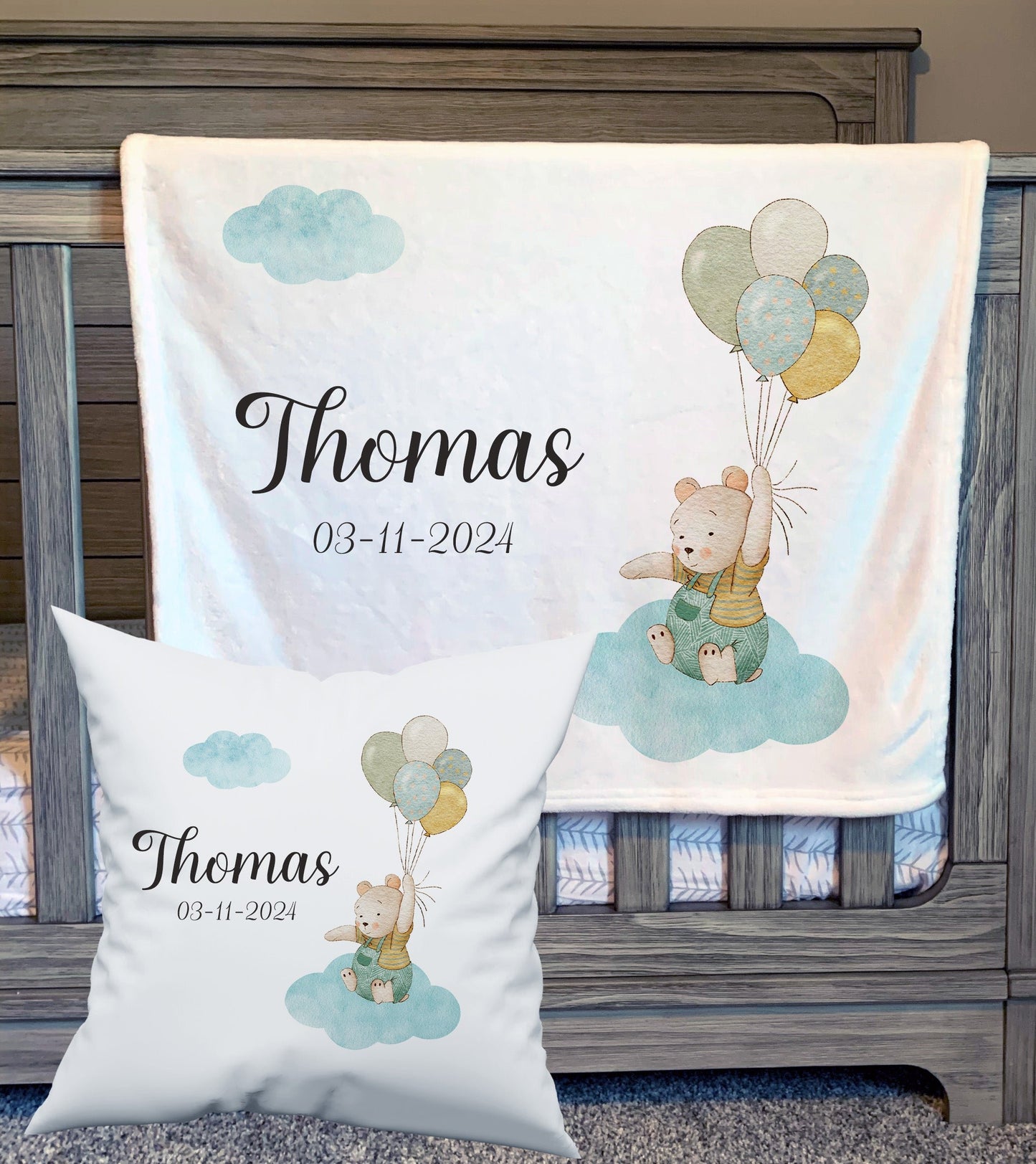 Personalised Cute Bear with Balloon baby Blanket Cushion Set