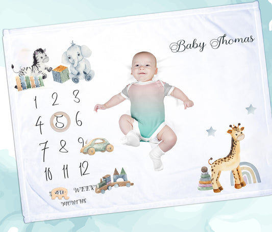 Safari Animals Jungle Theme Milestone Baby Blanket Gift Set