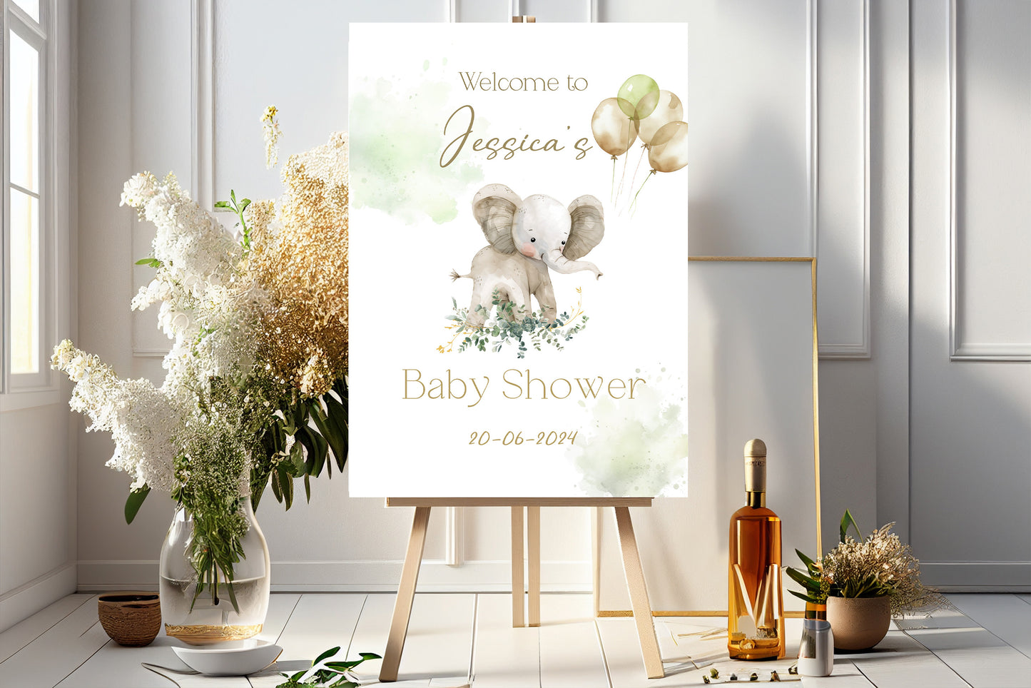 Personalised Gold Theme Elephant Baby Shower Welcome Sign