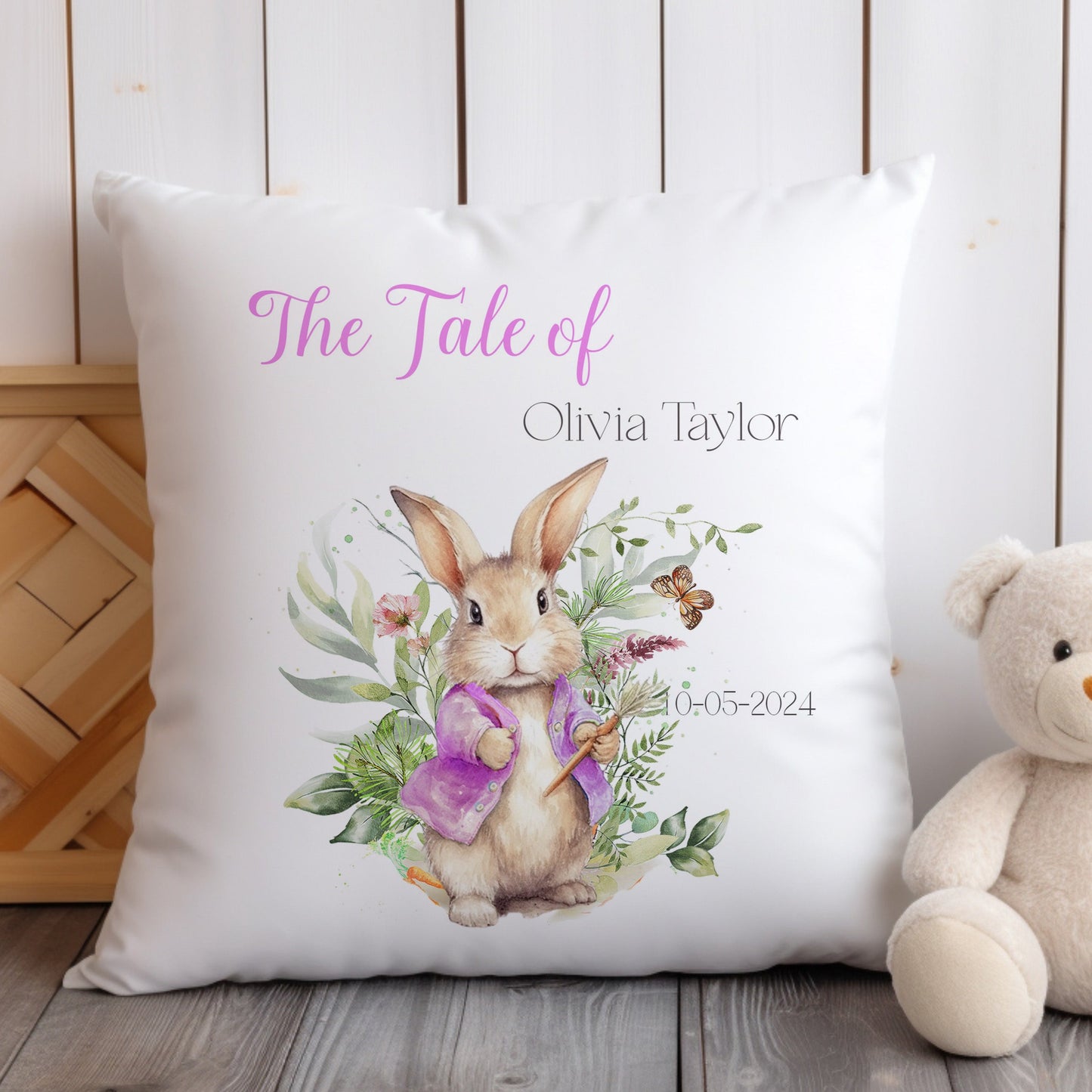 Pink Floral Bunny Personalised Christening Gift Cushion