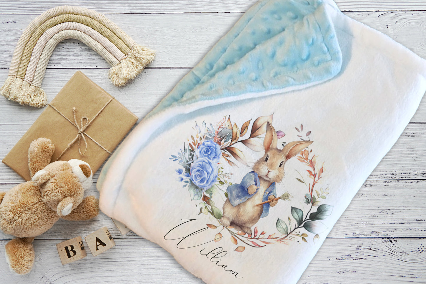 Floral Blue Bunny - Personalised Baby Blanket Gift Set Romper