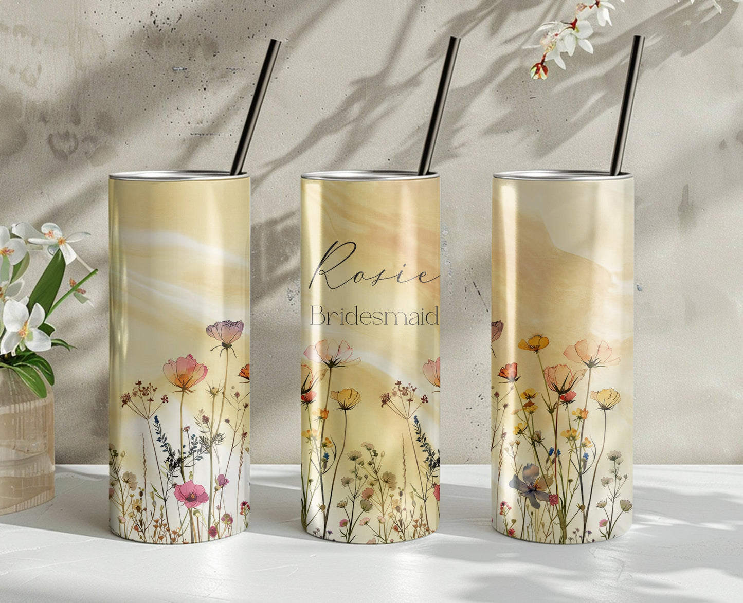 Wild Flower Golden Floral Personalised 20oz Skinny Tumbler