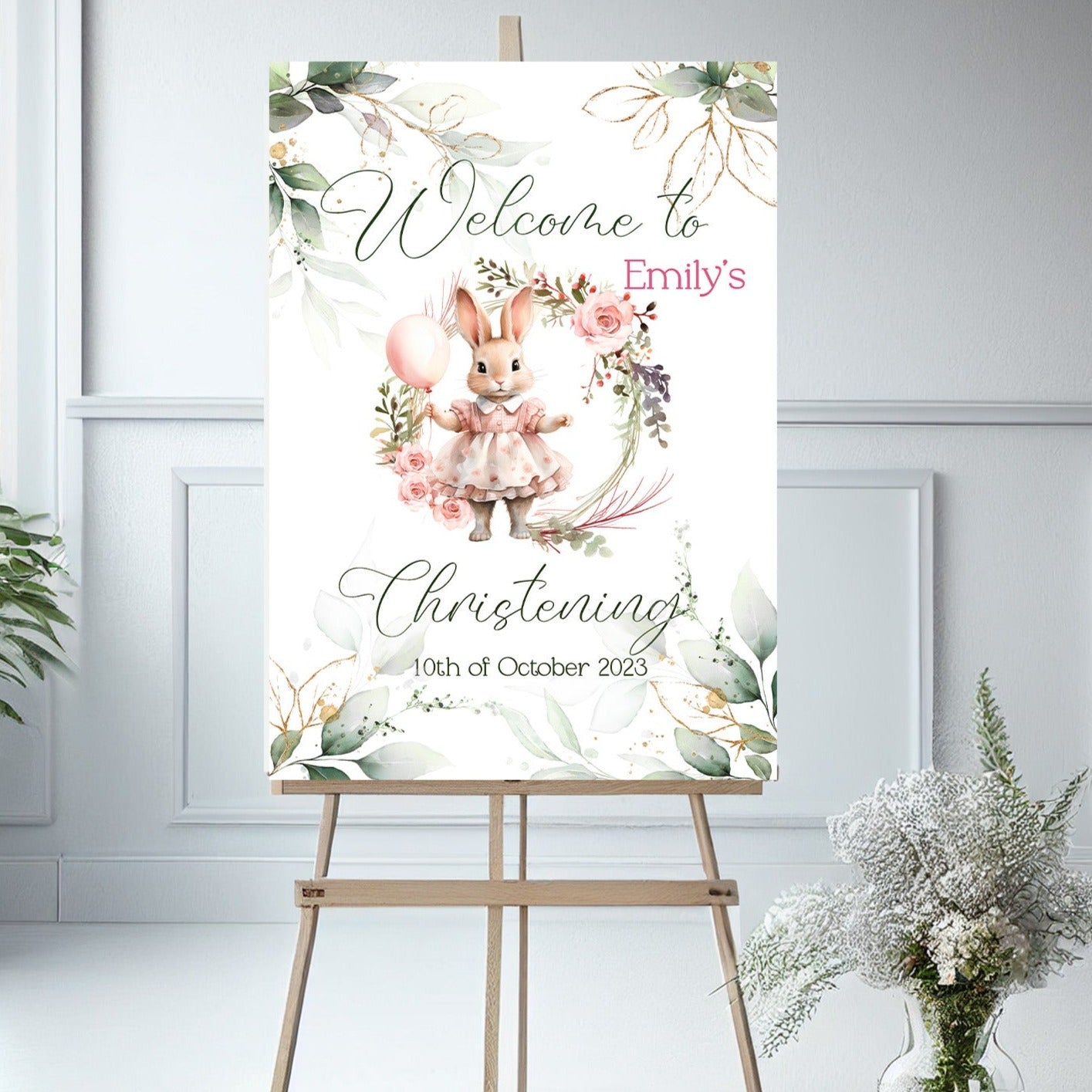 Personalised Girl Bunny Christening Welcome Sign