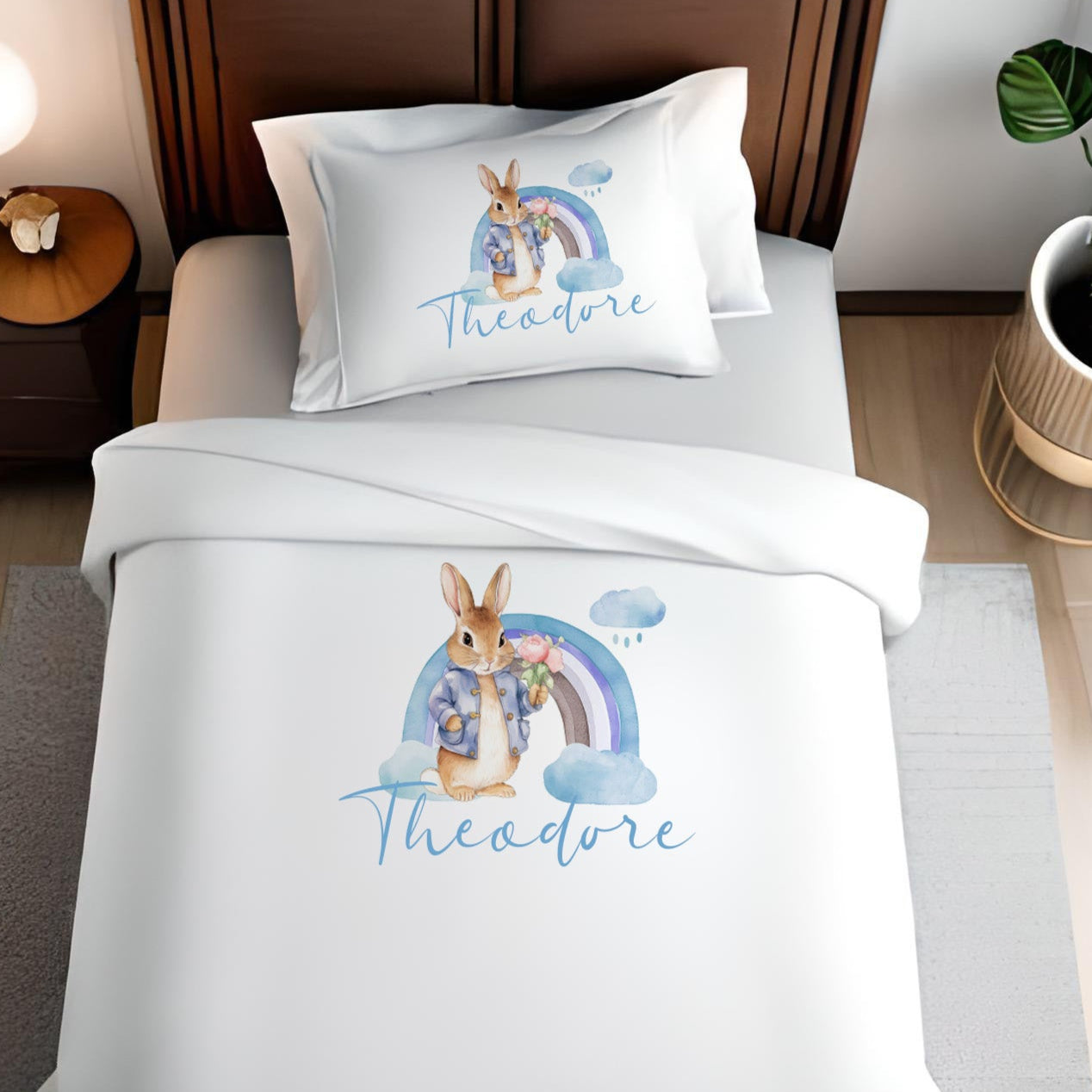 Blue Bunny Rainbow - Personalised Duvet Cover Set