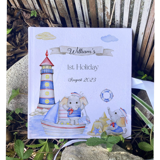 Personalised First Holiday Elephant Sailor Memory Book with Ribbon