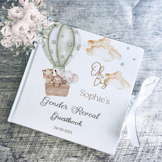 Safari Animals in Hot Air balloon Gender Reveal Welcome Sign