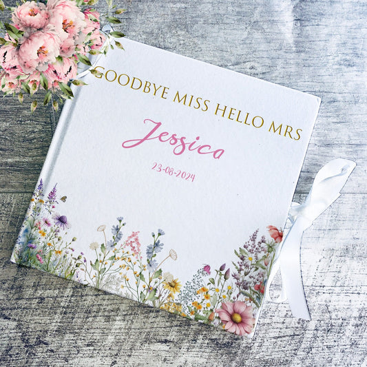 Goodbye Miss hello Mrs Wedding Spring Floral Guestbook with Ribbon