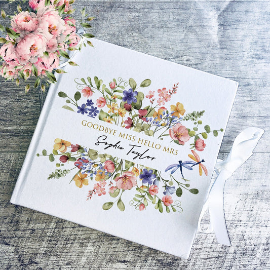 Goodbye Miss hello Mrs Wedding Floral Guestbook with Ribbon