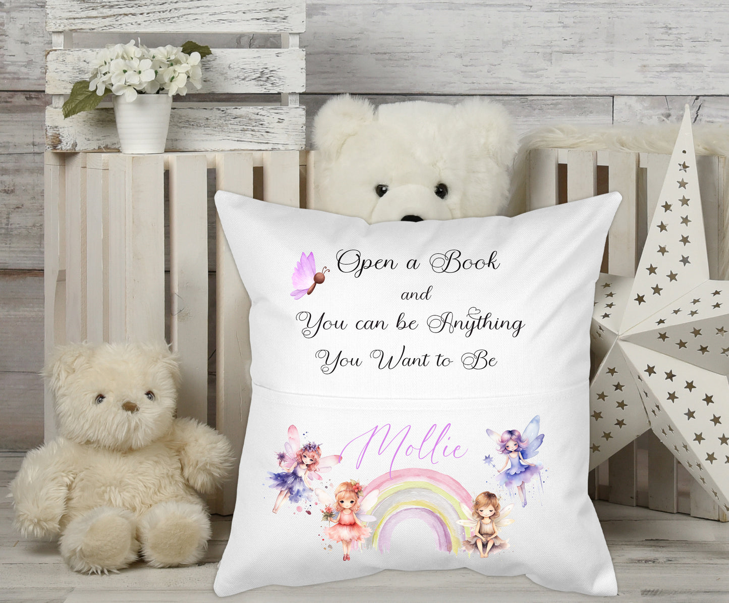 Magical Fairy Princess Rainbow theme Personalised Nursery Pocket Cushion