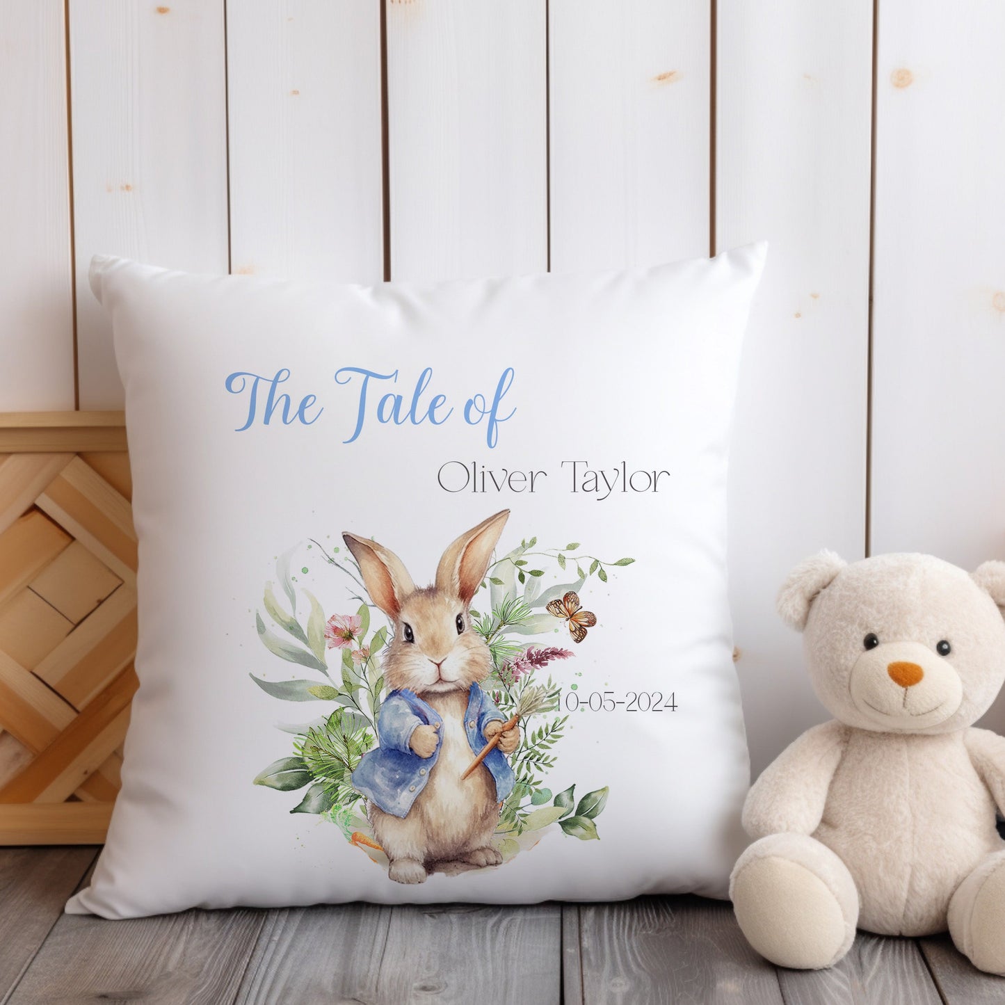 Blue Floral Bunny Personalised Christening Gift Cushion
