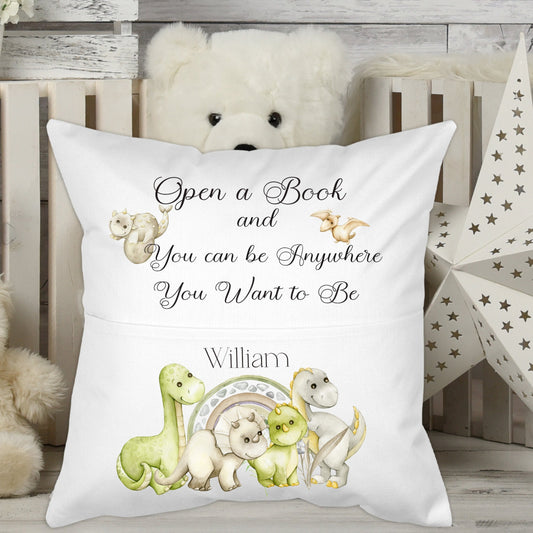 Custom named Personalised Dino print Kids Reading Pocket Pillow