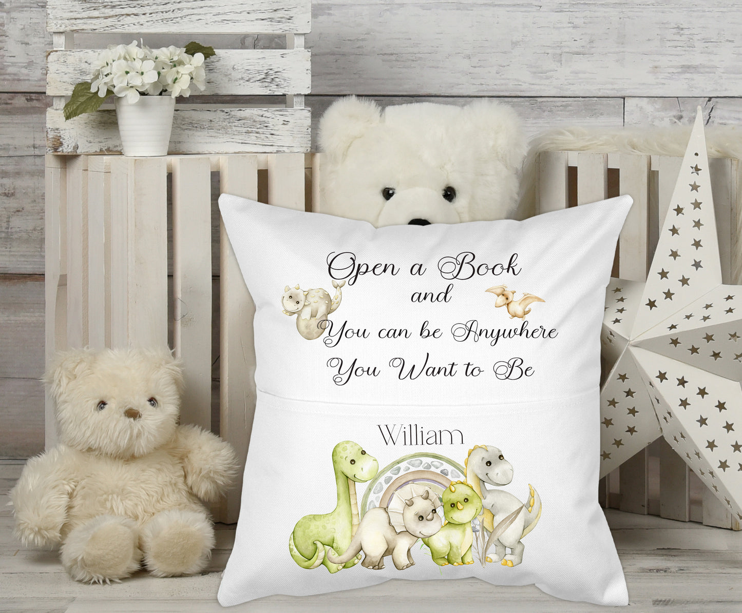Custom named Personalised Dino print Kids Reading Pocket Pillow