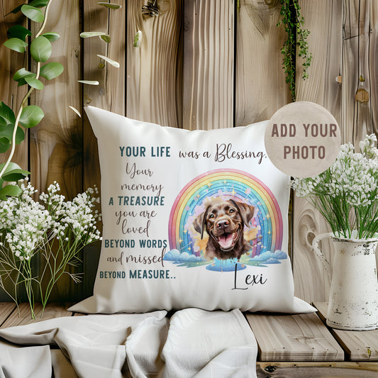 Your Own Photo Personalised Dog Cushion Gift With Rainbow Design