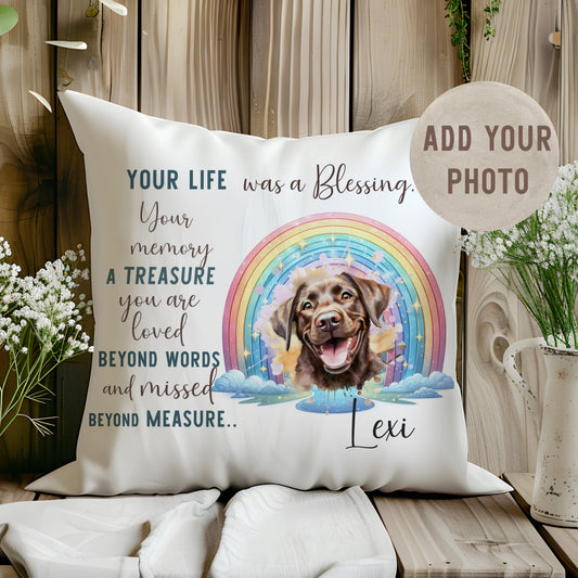 Your Own Photo Personalised Dog Cushion Gift With Rainbow Design