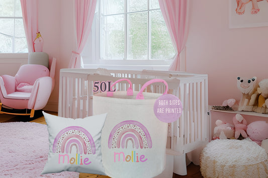 Personalised Pink Girls Rainbow Toy basket Gift Set With Cushion