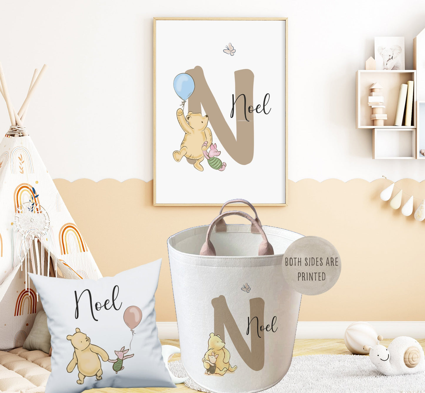 Personalised Kids Pooh and Pig Design Large Toy basket Gift Cushion Wall art Set