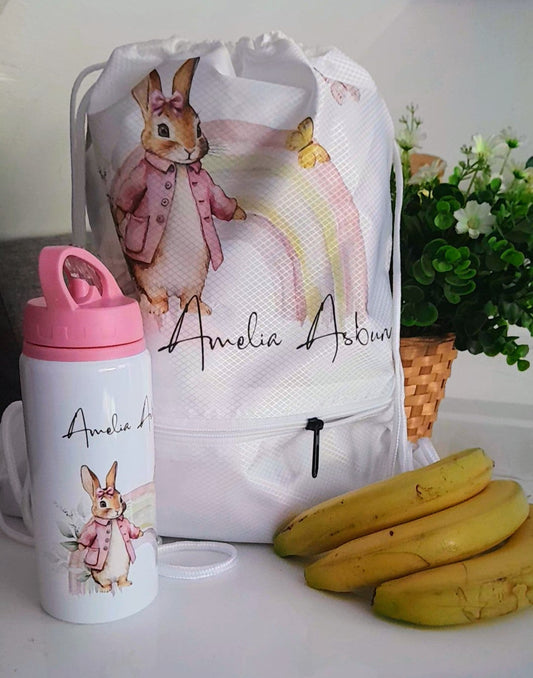 Rainbow Bunny Theme Personalised Unique Bottle PE Set