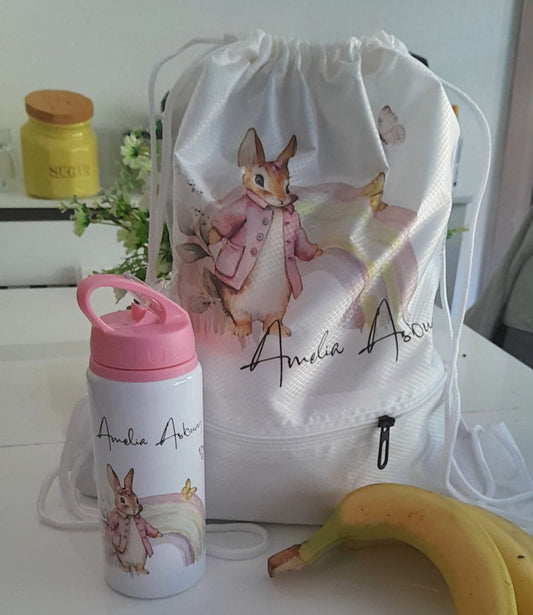 Rainbow Bunny Theme Personalised Unique Bottle PE Set