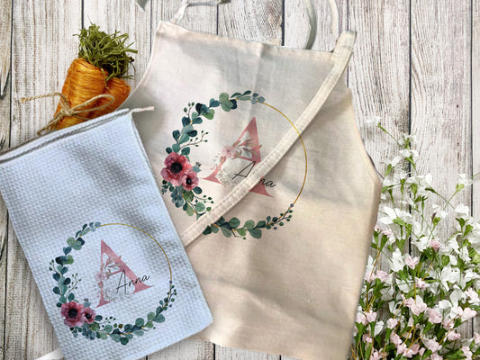 Personalised Pink Floral Design Quality Linen Apron Gift Set