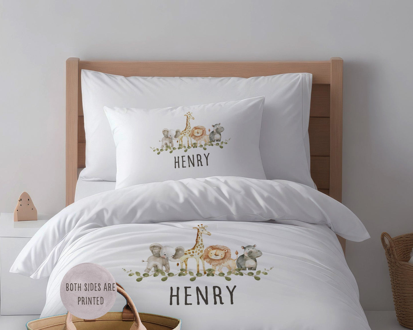 Personalised Jungle Animals Kids Duvet Set Toy Basket