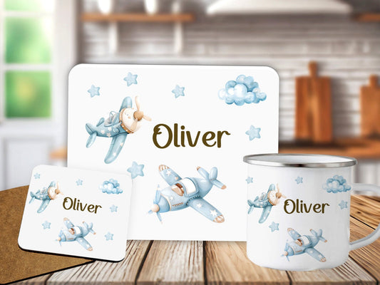 Aeroplane Design Personalised  Placemat Coaster Mug Kids Gift Set