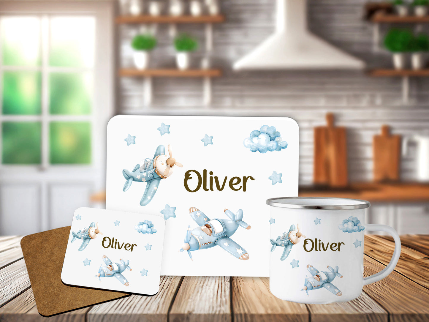 Aeroplane Design Personalised  Placemat Coaster Mug Kids Gift Set