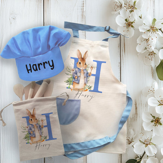 Blue Bunny - Personalised Kids Linen Style Apron Baking Set