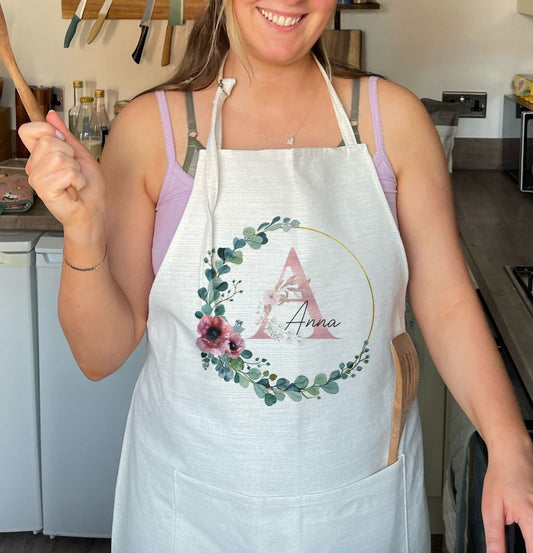 Personalised Pink Floral Design Quality Linen Apron Gift Set