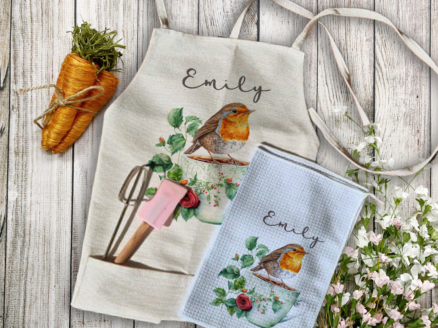 Personalised Robin Bird Design Quality Linen Apron Gift Set