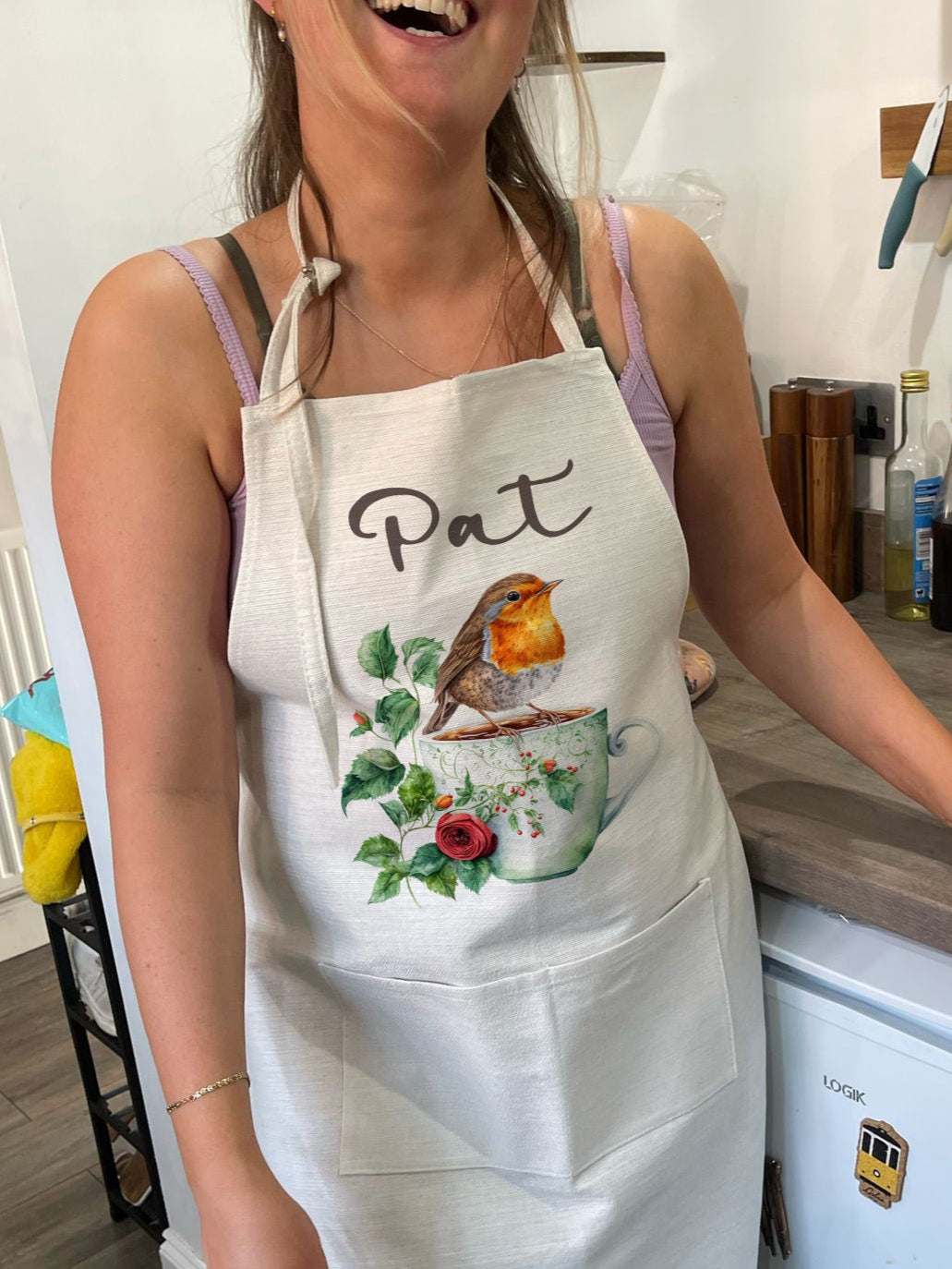 Personalised Robin Bird Design Quality Linen Apron Gift Set