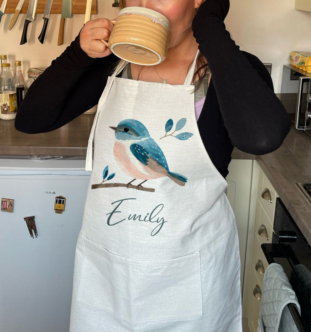 Personalised Cute Bird Design Quality Linen Cooking Apron Gift Set