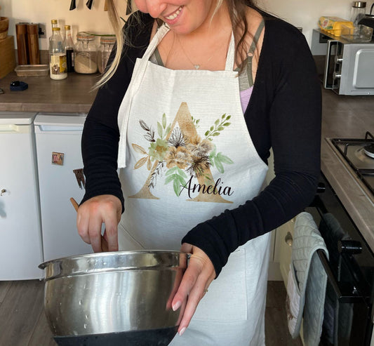 Personalised Initial floral Quality Linen Baking Apron Gift Set