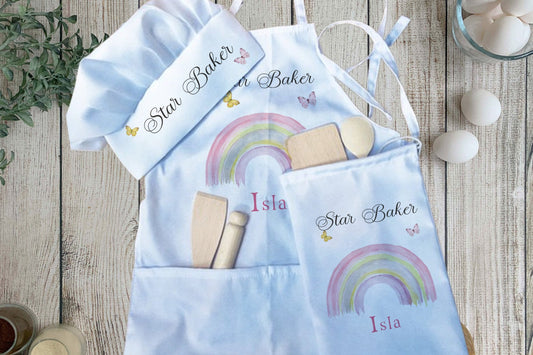 Pink Rainbow - Personalised Kids Apron Baking Set