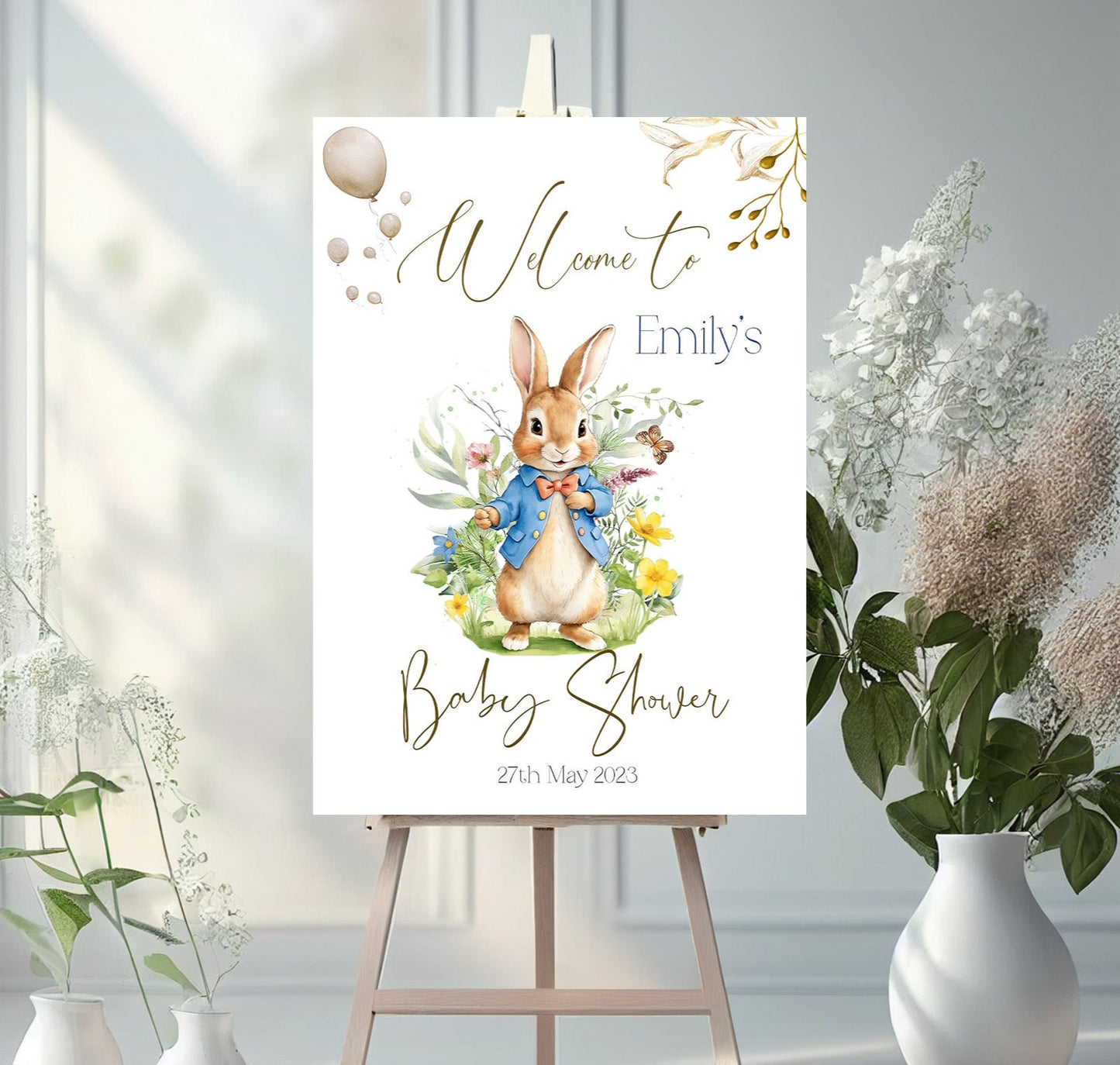 Blue Bunny Personalised Baby Shower Welcome Sign Backdrop