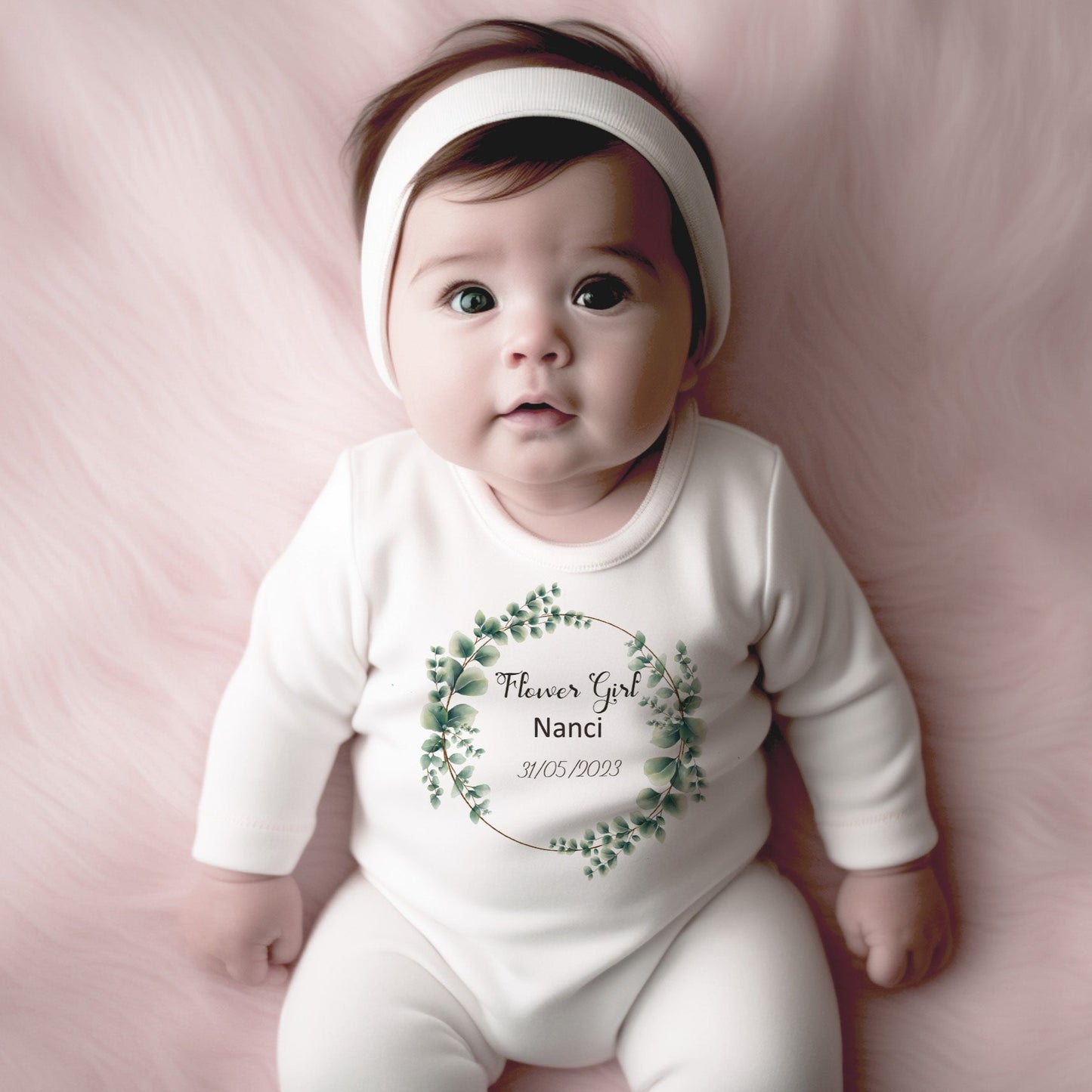 Personalised Wreath Theme Flower Girl Eucalyptus Baby Romper