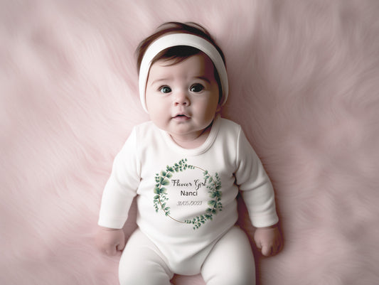 Personalised Wreath Theme Flower Girl Eucalyptus Baby Romper